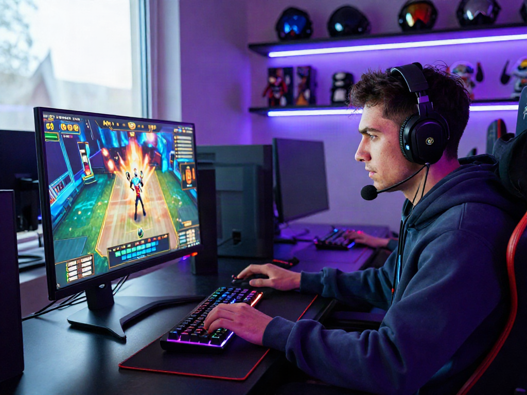Engaging gamer playing slot88 on a high-tech setup in an immersive environment.