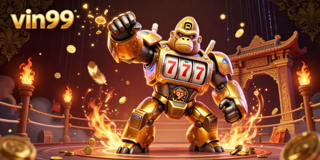 Experience thrilling action with the vin99 golden gorilla mech blasting coins in an exciting casino scene.