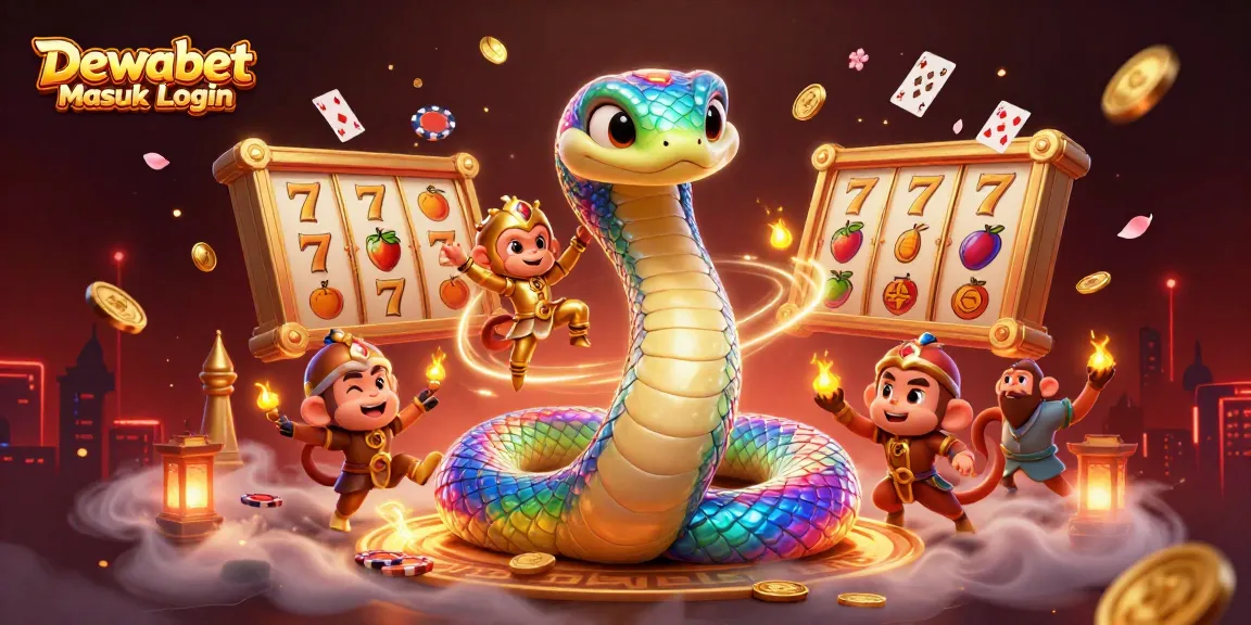 Dewabet Masuk Login showcases a vibrant 3D casino scene with joyful characters, slot reels, and gold coins.