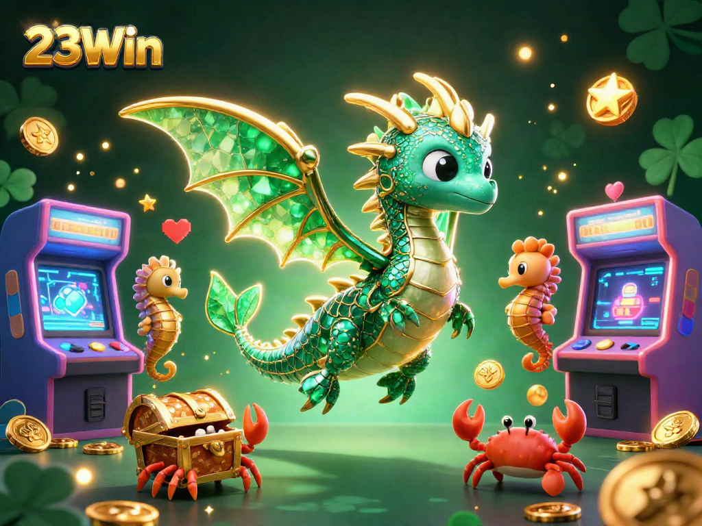 Experience thrilling wins with 23Win, featuring a sea dragon and royal seahorses amid arcade games.