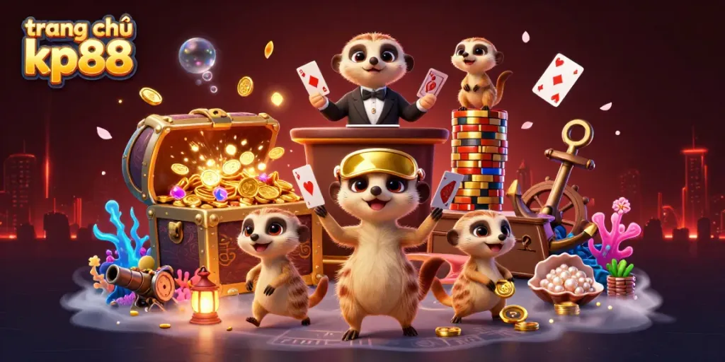 Experience the vibrant world of trang chủ kp88 with meerkats running a dynamic casino scene.