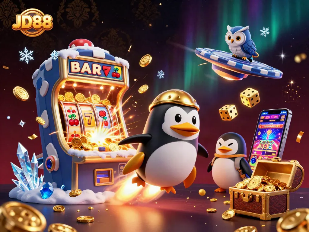 Engage in thrilling casino adventures with JD88, featuring a vibrant penguin and dynamic slot elements.
