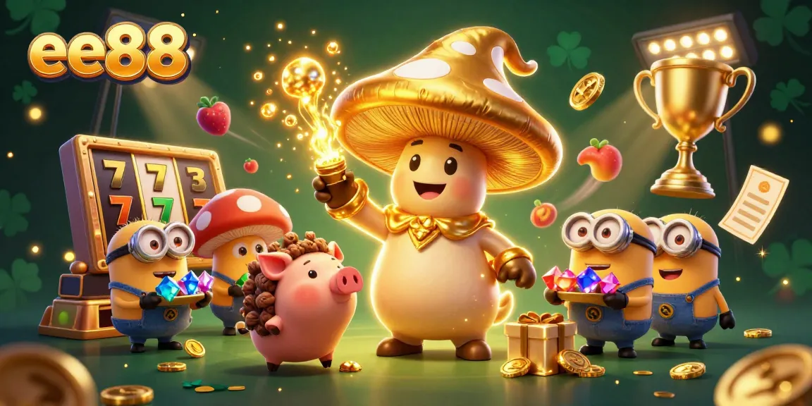 Experience the magic of ee88 in this vibrant casino scene featuring a golden mushroom wizard and slot elements.