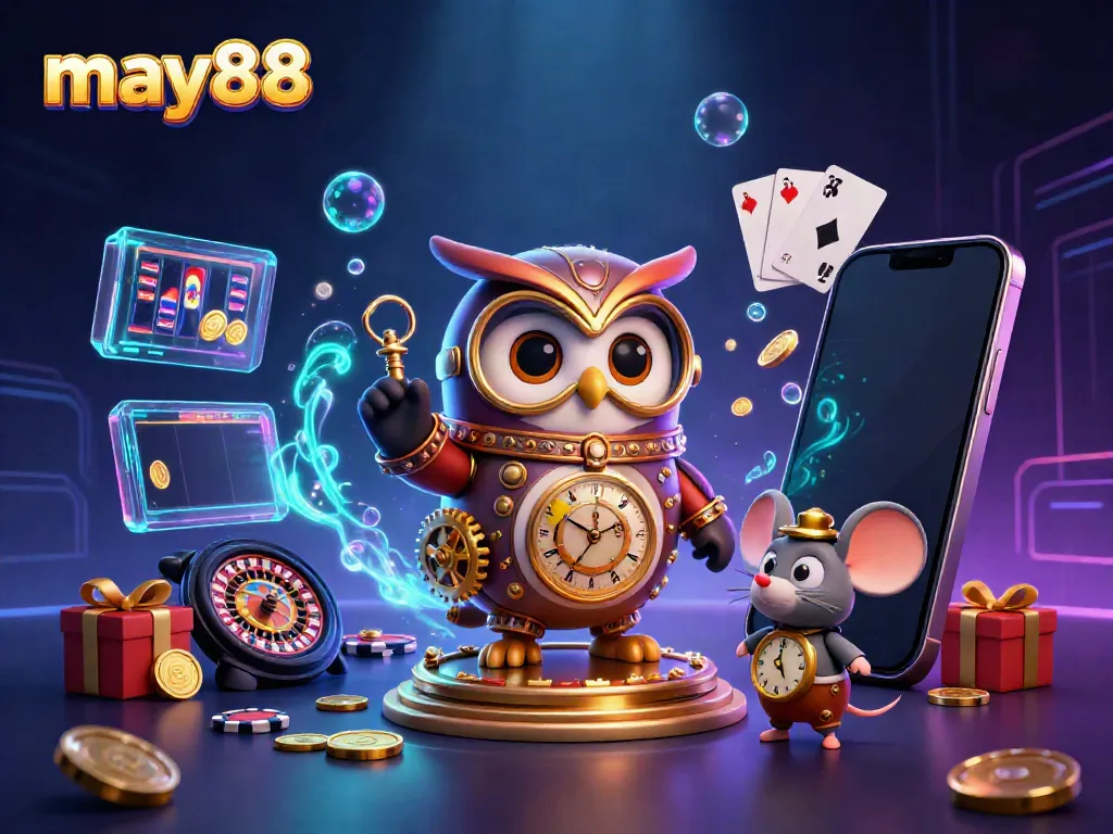 Experience the excitement of may88 in a vibrant steampunk casino scene with a time-traveling owl.