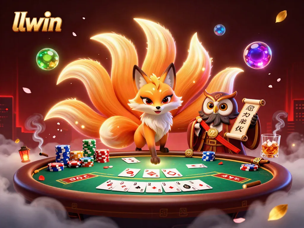 llwin features a vibrant 3D illustration of a fox spirit and owl sage playing poker in a mystical setting.