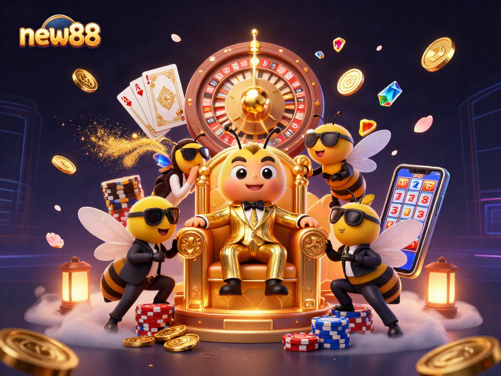 Spin the wheel of fortune at new88 with a cartoon bumblebee mob boss in a vibrant casino.
