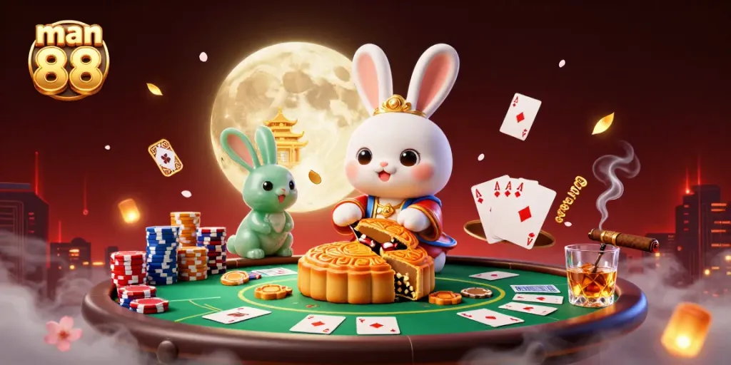 Engaging casino scene with man 88 branding, featuring a traditional moon rabbit with poker chip surprises.
