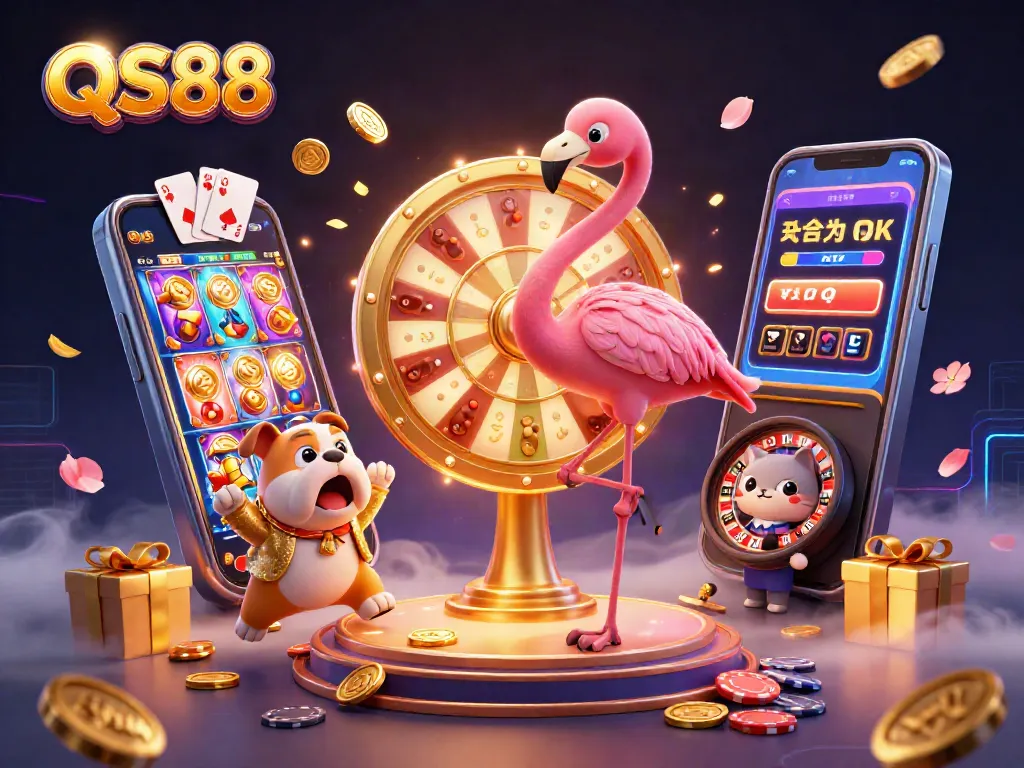 Experience the excitement at QS88 with lively characters and thrilling game elements in a vibrant casino scene.