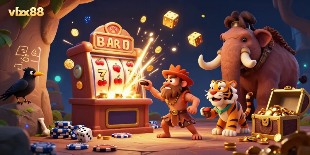 Experience the thrill at vlxx88 with a vibrant caveman casino scene, showcasing colorful games and dynamic characters.