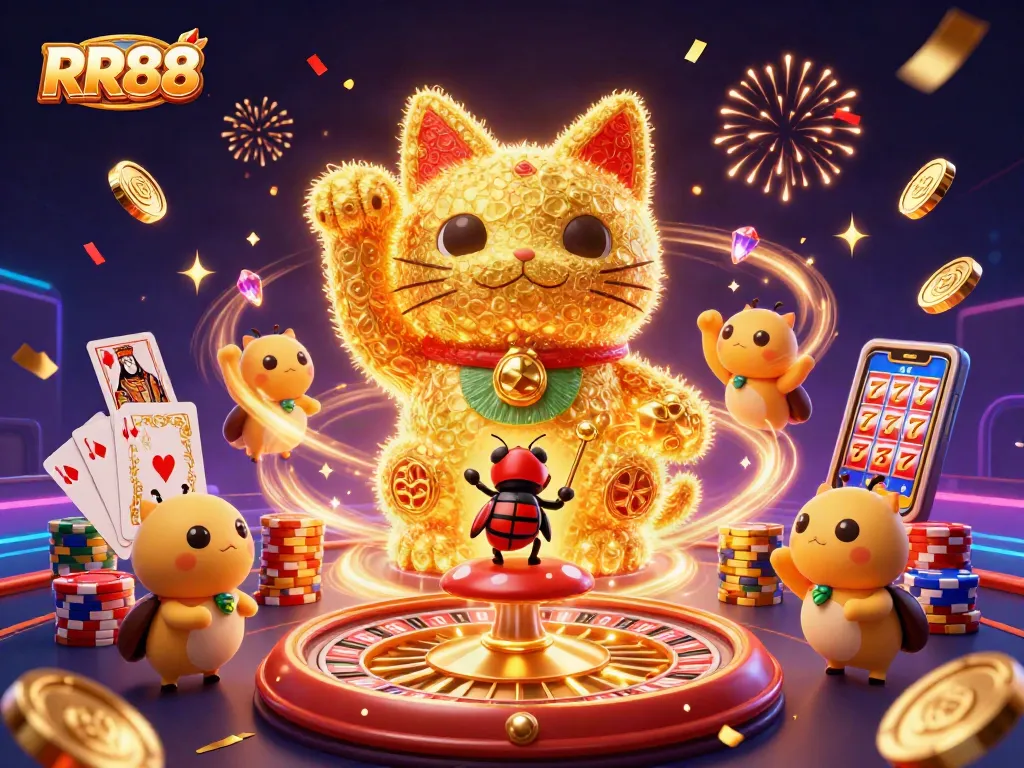 Experience the excitement of RR88 with a vibrant 3D animation of a lucky cat waving amidst casino elements.