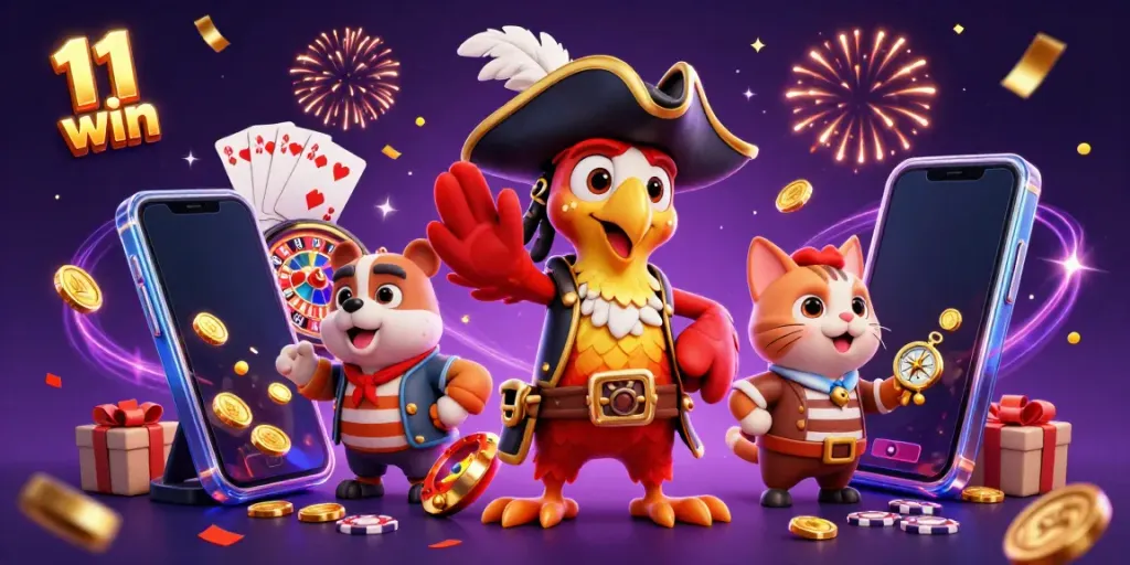 Experience thrilling gameplay with 11 win as pirate characters celebrate around vibrant casino elements.
