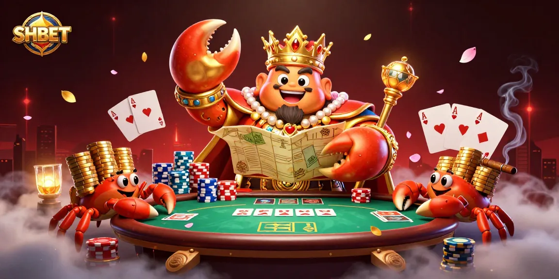 Engage with SHBET's vibrant casino world, where a golden crab emperor leads the gaming adventure.