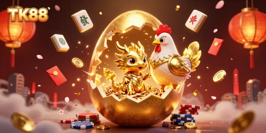 Experience thrill at TK88 Casino with a vibrant scene of golden creatures, poker chips, and festive elements.
