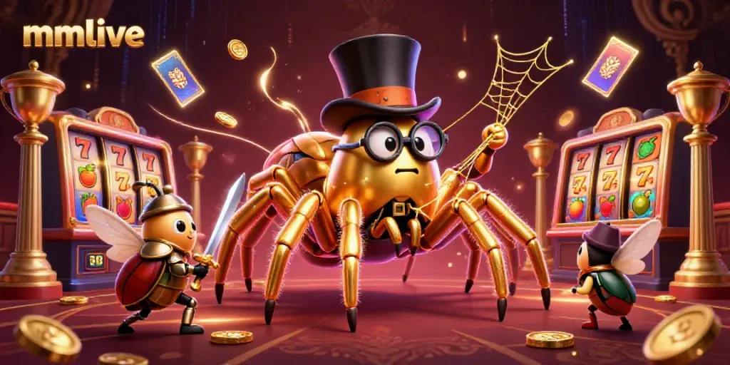 Engage in thrilling gaming action with mmlive featuring a golden tarantula and vibrant casino elements.
