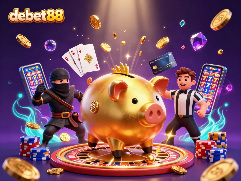 Experience thrilling moments with debet88's vibrant casino scene filled with golden coins and animated characters.