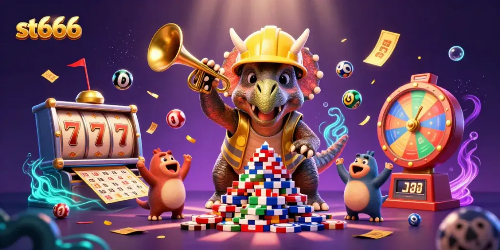 Experience thrilling gameplay with st666 as cartoon dinosaurs celebrate casino wins amid dynamic gaming elements.
