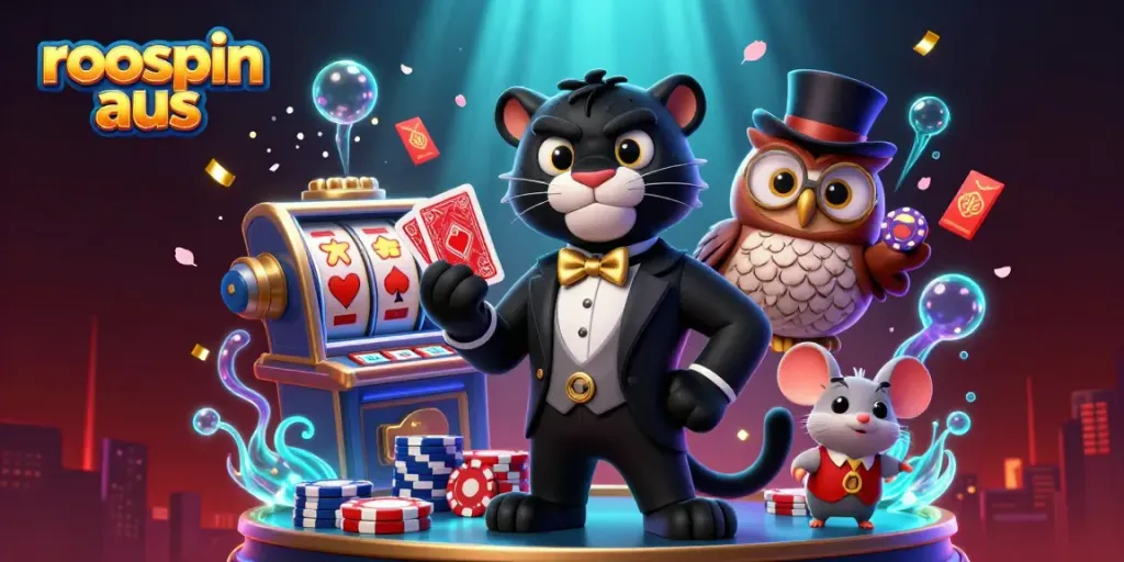 Roospin aus casino scene with cartoon panther dealer, owl with chips, and lucky mouse.