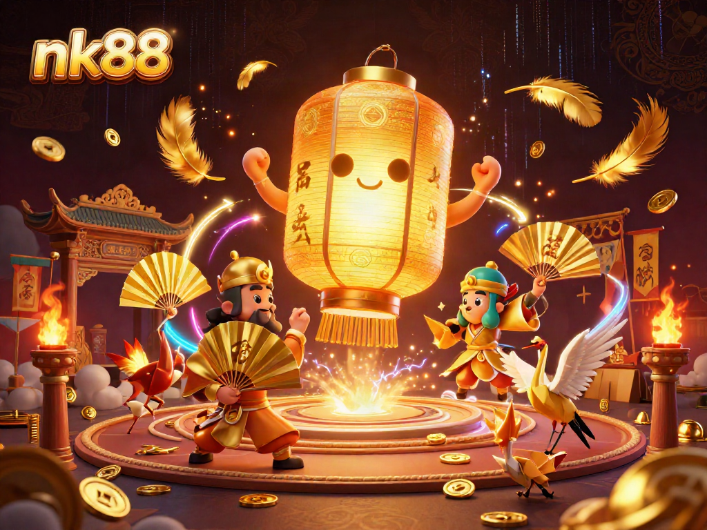 Engage with nk88's vibrant casino scene featuring a glowing lantern spirit and lucky symbols.