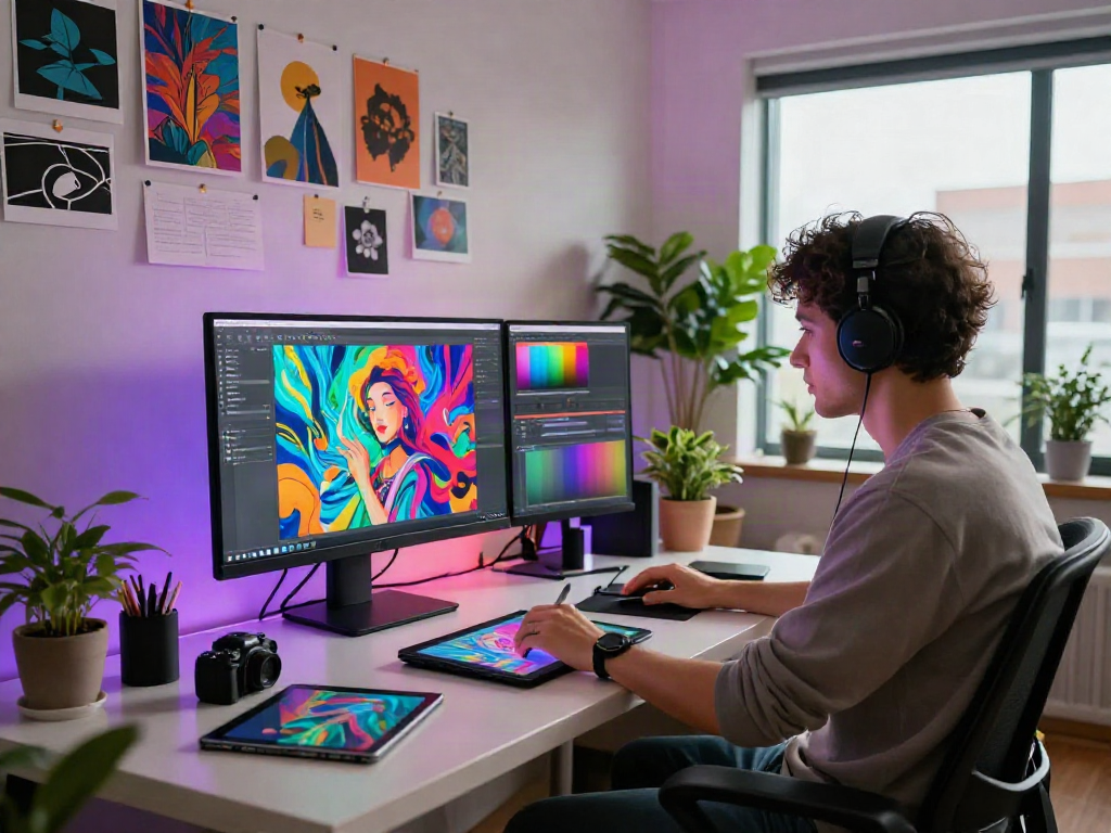Engaging NSFW AI art creation process in a vibrant studio