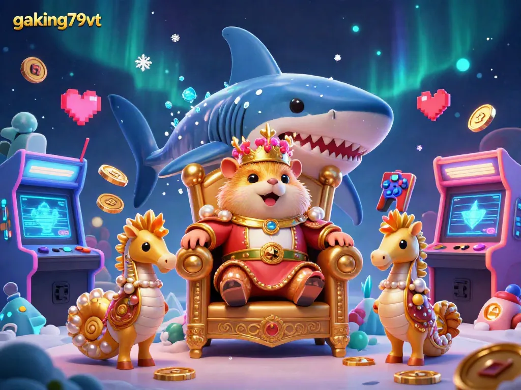 Witness the thrilling actions of gaking79vt with a golden hamster king on a megalodon throne, surrounded by vibrant arcade elements.
