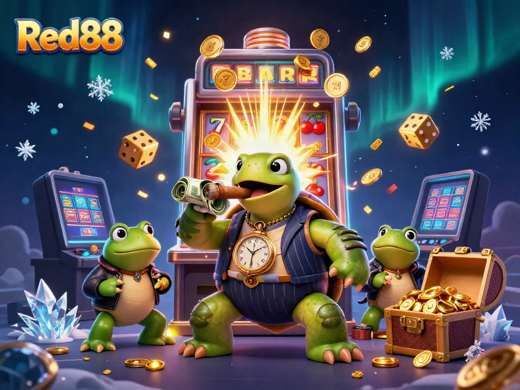 Engage in excitement with Red88 through a whimsical casino scene featuring lively characters and dynamic gaming elements.