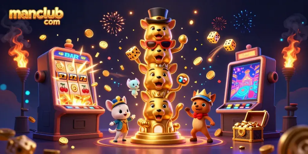 Experience excitement at manclub com, featuring animated totem pole and vibrant casino games.