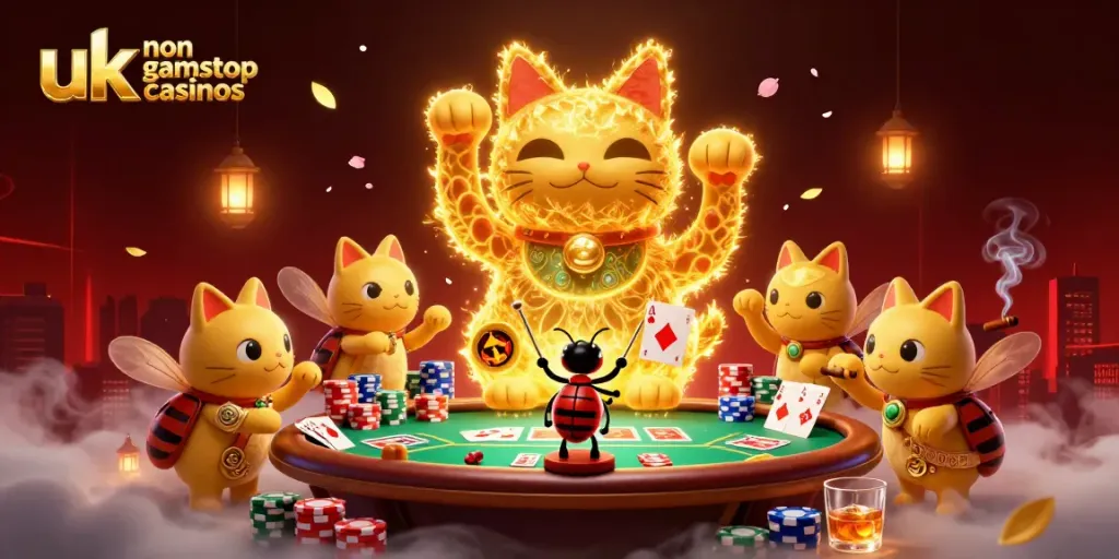 Experience thrilling action at uk non gamstop casinos with vibrant gaming elements and a lucky cat mascot.