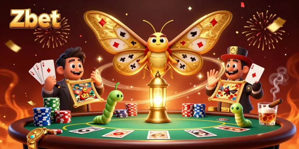 Zbet's vibrant casino scene with an atlas moth and poker elements for immersive gaming experience.