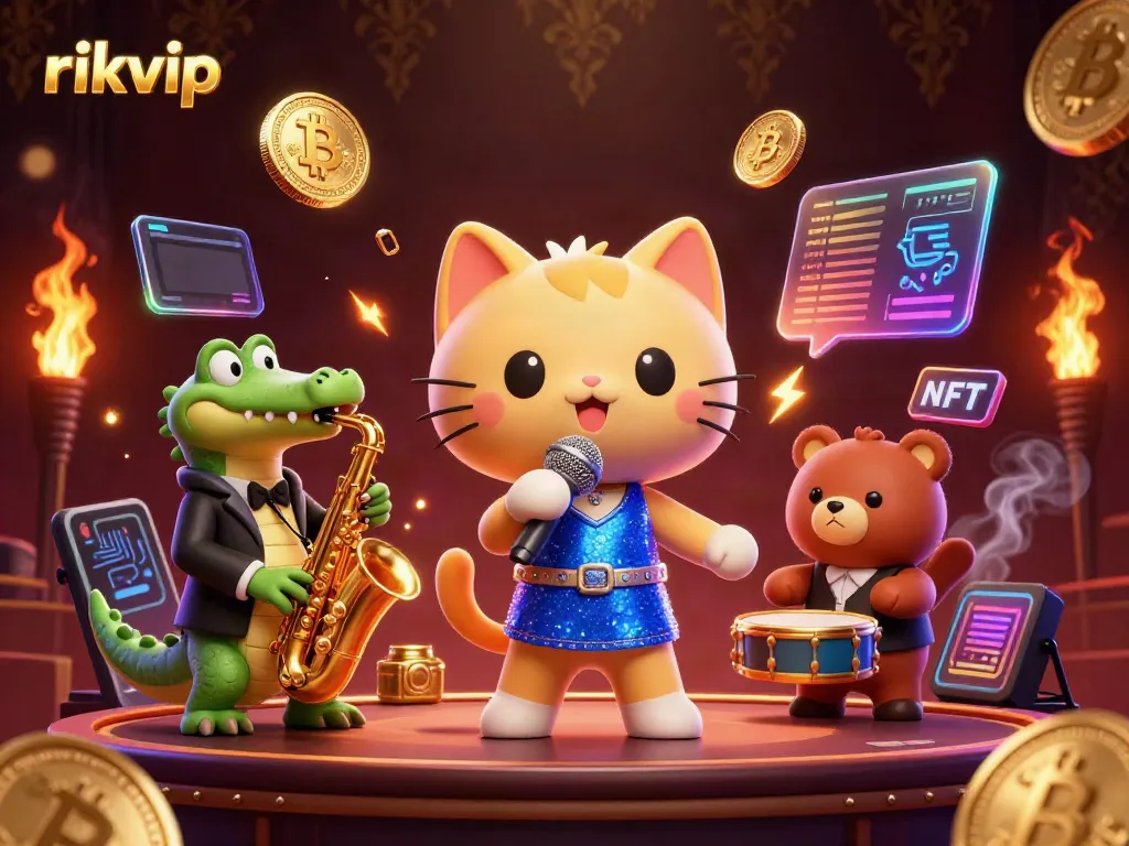 Engage with the vibrant rikvip casino experience through this lively illustration featuring playful characters and cryptocurrency elements.