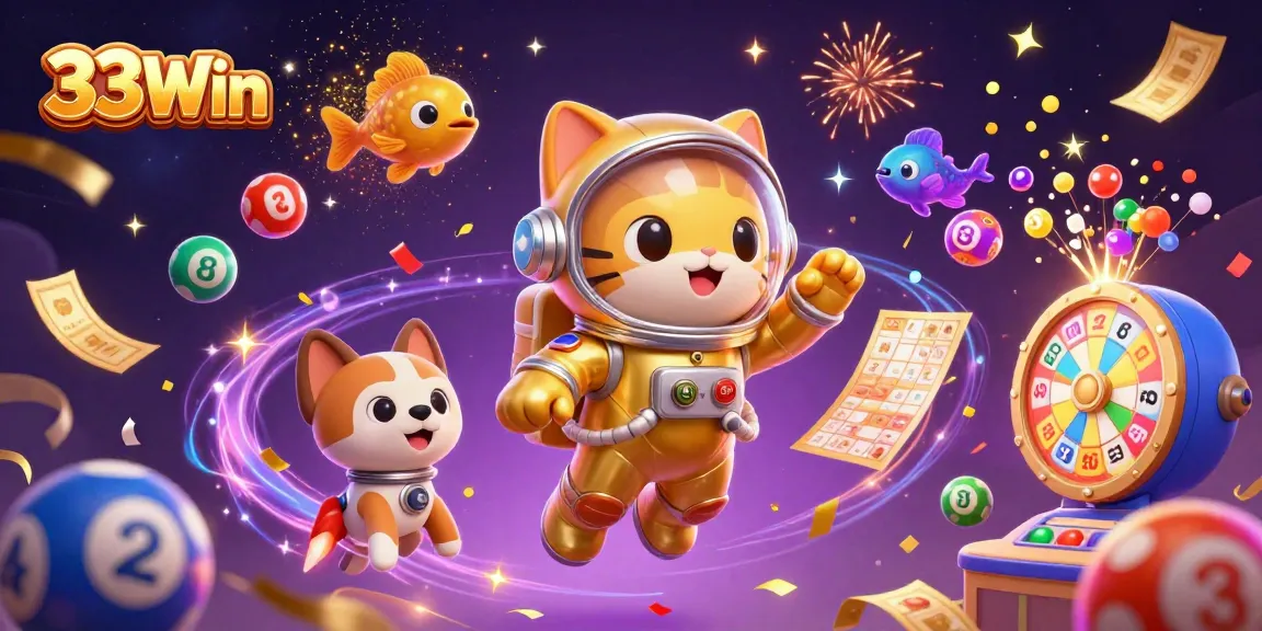33Win celebrates with a vibrant 3D scene featuring a space cat, robot dog, and lottery game elements.