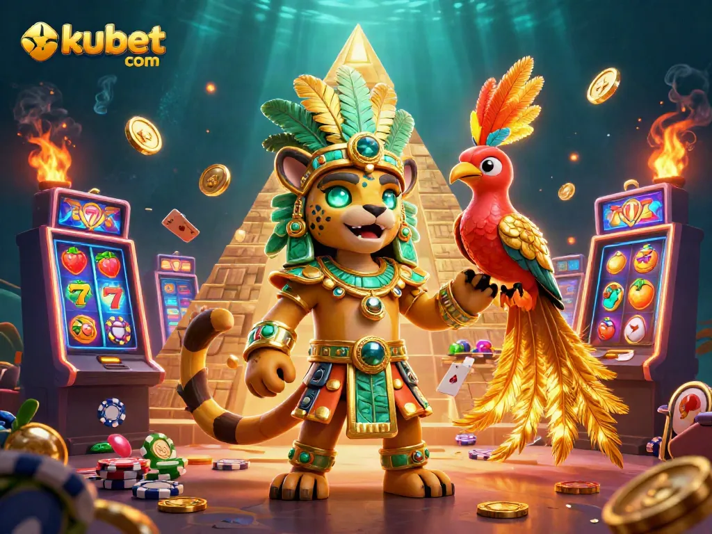 Experience thrilling gameplay with kubet com as lively characters surround a vibrant scene filled with slot machines and poker elements.