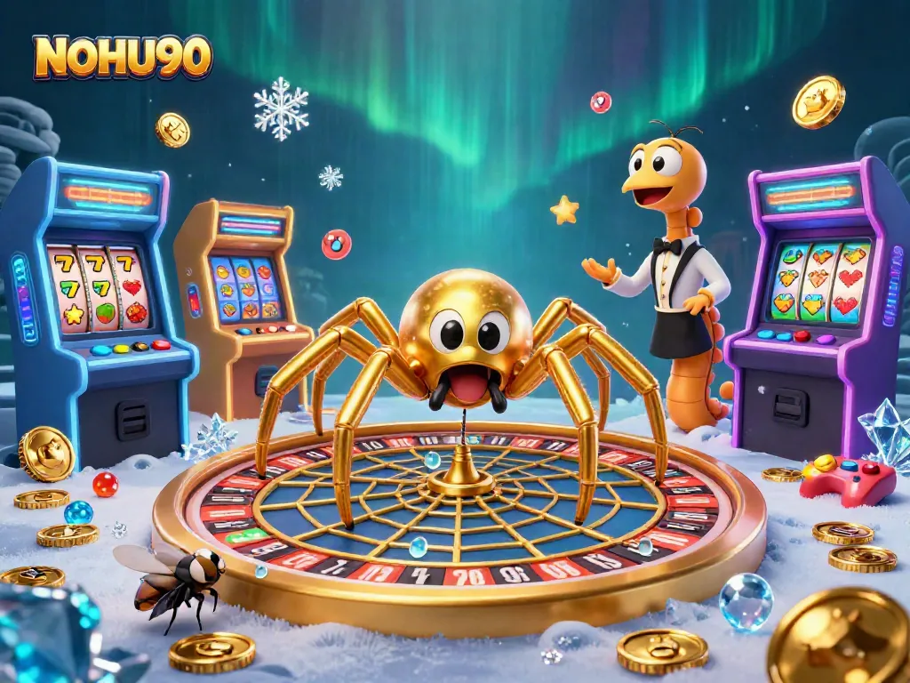 Experience thrilling bets at NOHU90 with a festive 3D gambling scene featuring vibrant casino elements.