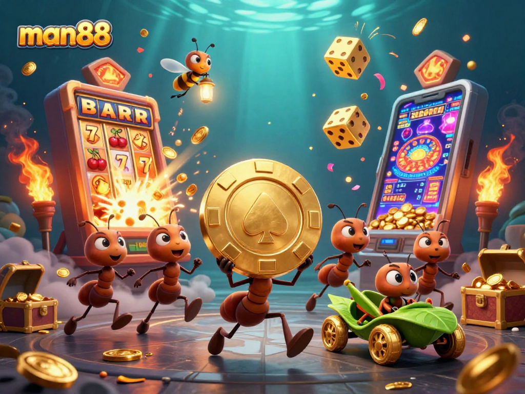 Experience the thrilling adventures of man88 as cartoon ants steal a giant poker chip in an exciting casino heist.