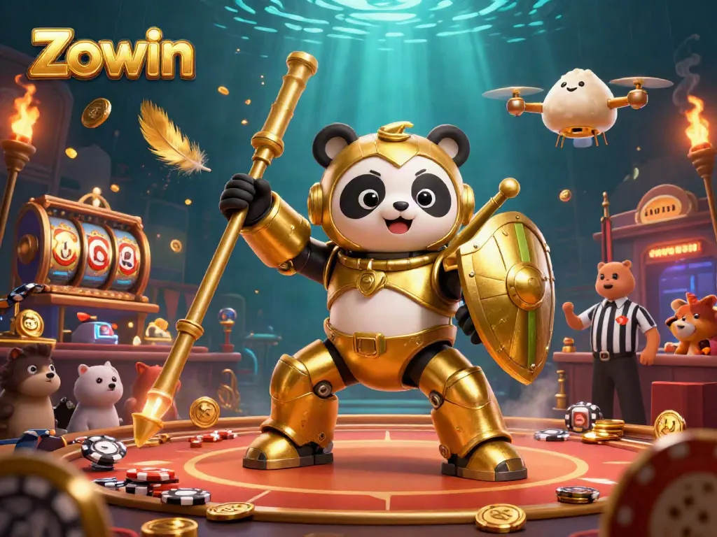 Zowin's vibrant casino scene features a golden panda in a mech-suit engaging in high-stakes gambling action surrounded by cheering spectators.