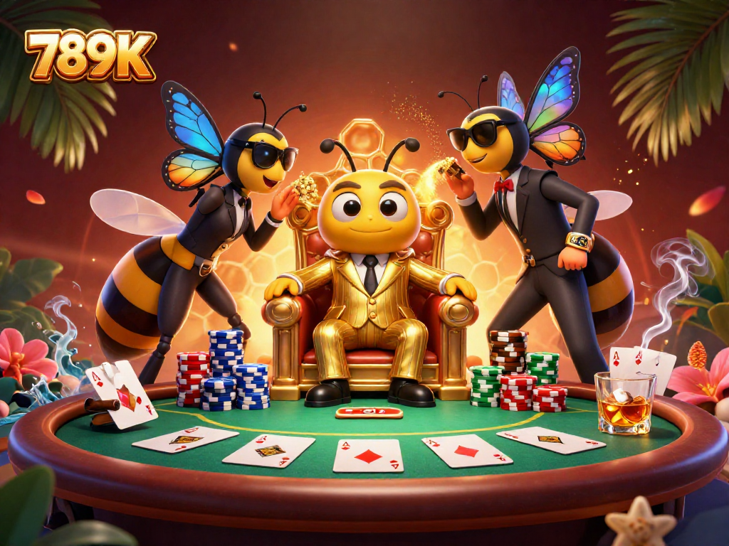 Engage with the 789K gaming scene featuring a bumblebee mob boss overseeing poker action.