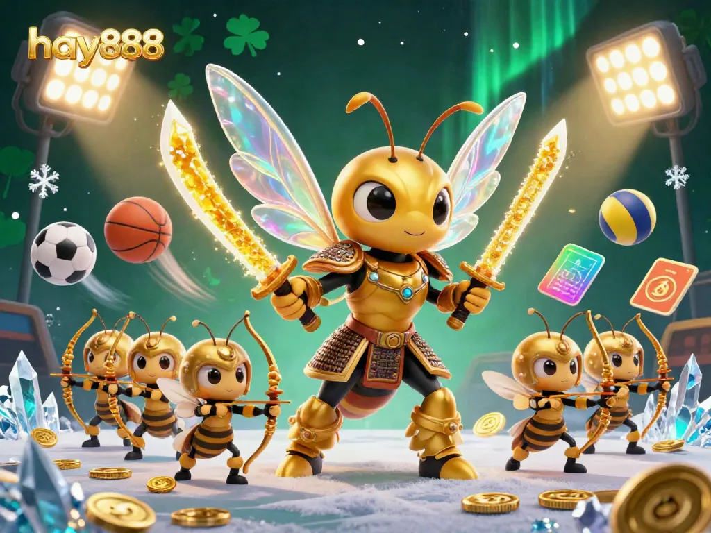 Experience the excitement of hay888 casino with a vivid illustration of a golden hornet and bee archers, showcasing dynamic game elements.