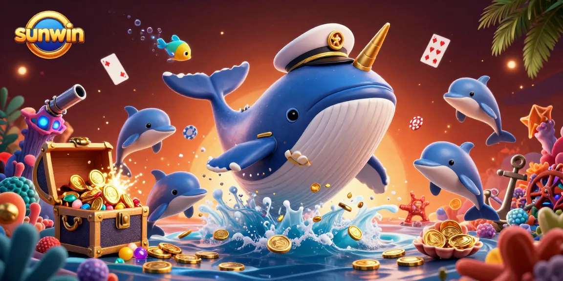 Engage in thrilling underwater adventures at sunwin, featuring a vibrant scene with a captain whale and poker chip dolphins.
