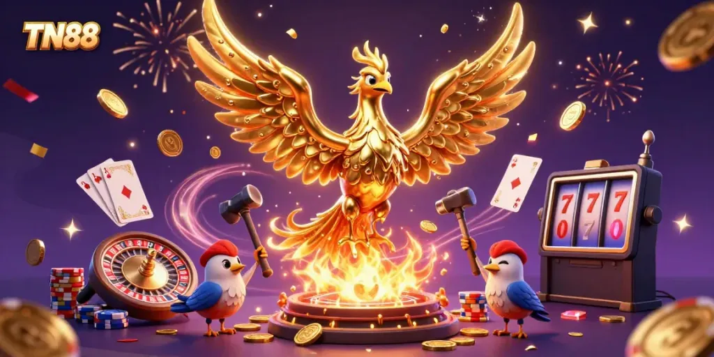 Experience thrilling casino moments with TN88, featuring golden phoenix, coins, and vibrant roulette elements.