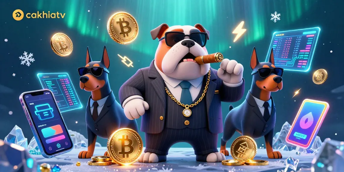 Engage with the cakhiatv crypto casino scene featuring a mafia bulldog amidst digital tokens and gaming elements.