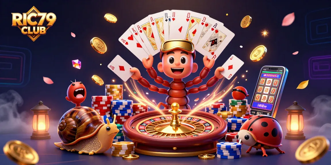 Experience the excitement of RIC79 CLUB with a dynamic 3D illustration featuring playful characters and vibrant casino elements.