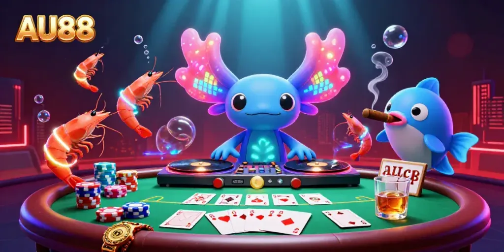 Experience the vibrant world of AU88 with a lively 3D axolotl DJ and dynamic poker scene.
