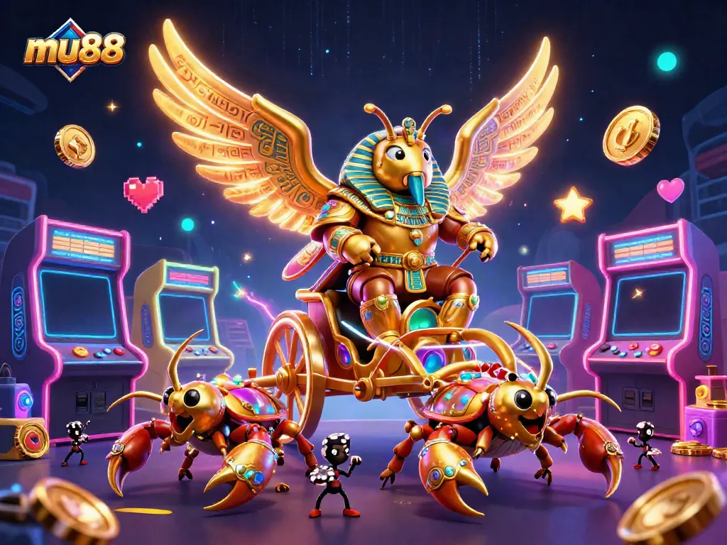 Experience the excitement of mu88 with a vibrant 3D casino scene featuring a scarab beetle, game elements, and neon effects.