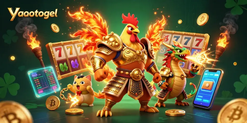 Engage with exciting gameplay at yaotogel featuring dynamic slots, glowing coins, and iconic casino elements.