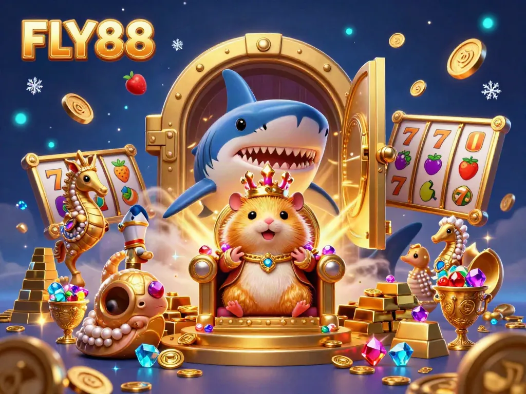 Engage with FLY88's thrilling golden hamster king gaming scene featuring vibrant slot reels, treasures, and royal guards.