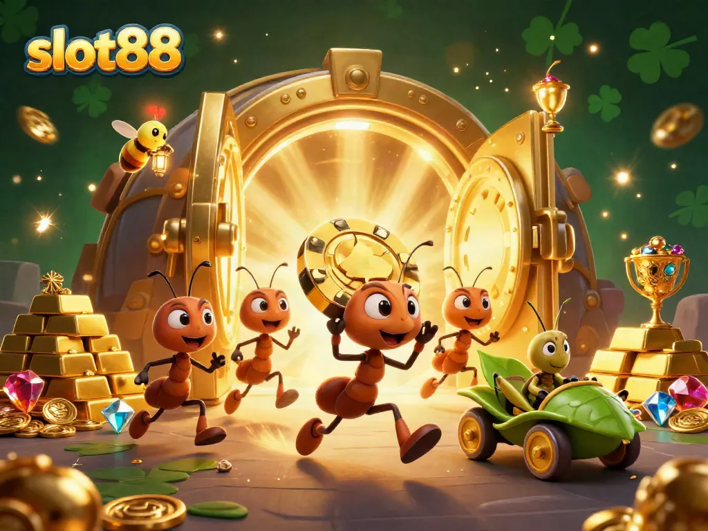 Slot88 golden poker chip heist by cartoon ants in a dynamic underground scene.