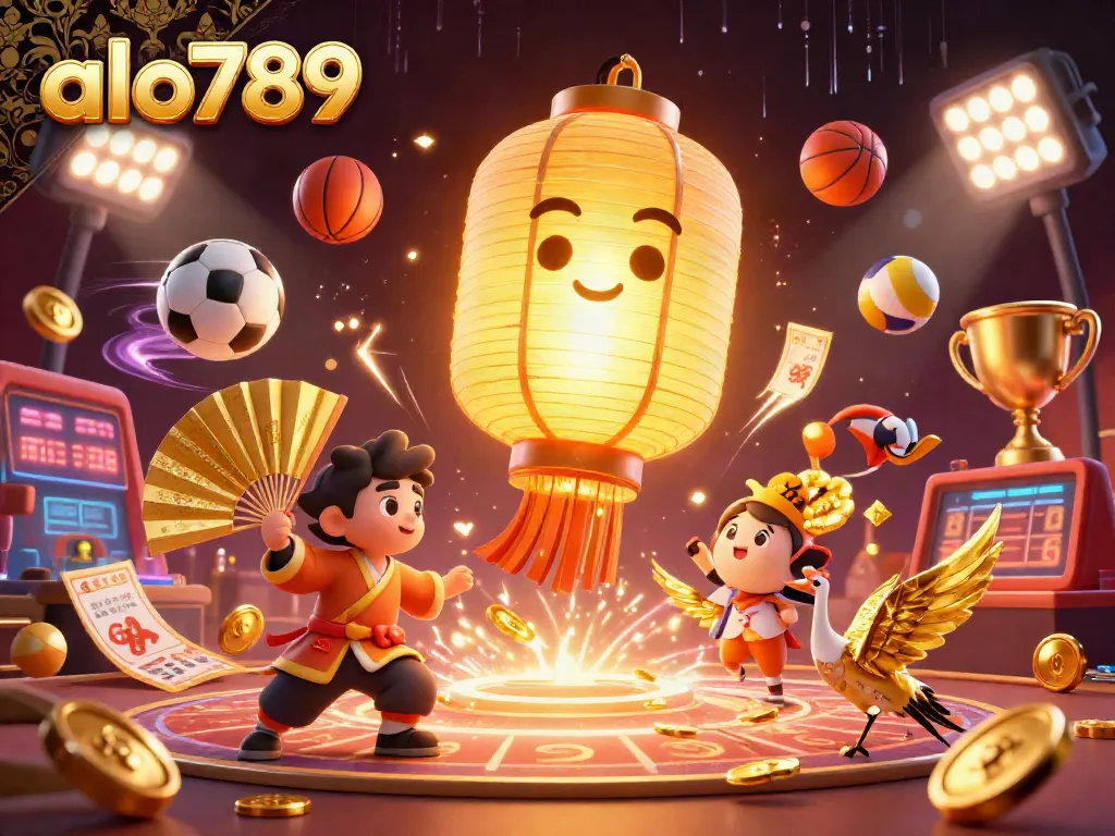 A dynamic casino scene with the golden lantern spirit and paper fan warriors celebrating winning moments at alo789 casino.