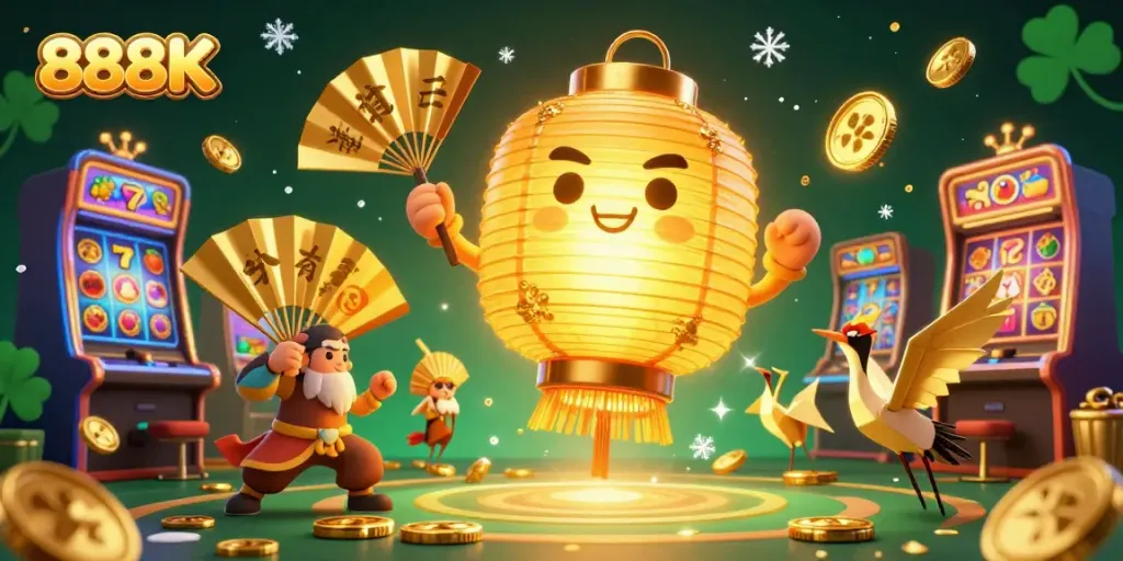 The 888K casino scene featuring a giant golden lantern spirit and vibrant slot machines, showcasing dynamic elements of excitement.