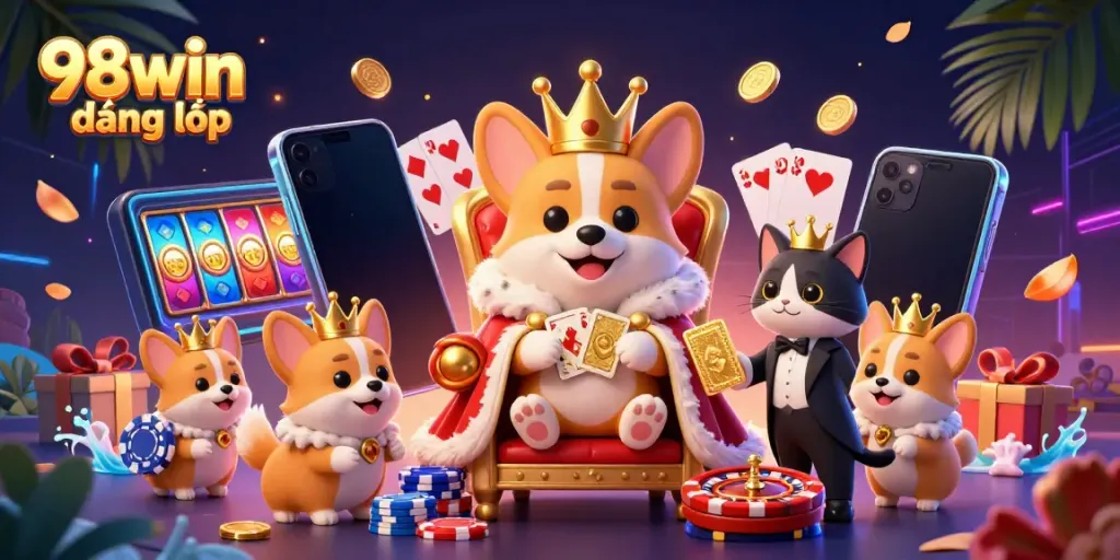 Engage in the excitement of 98win đăng nhập with vibrant 3D illustration of a corgi king in a casino setting.