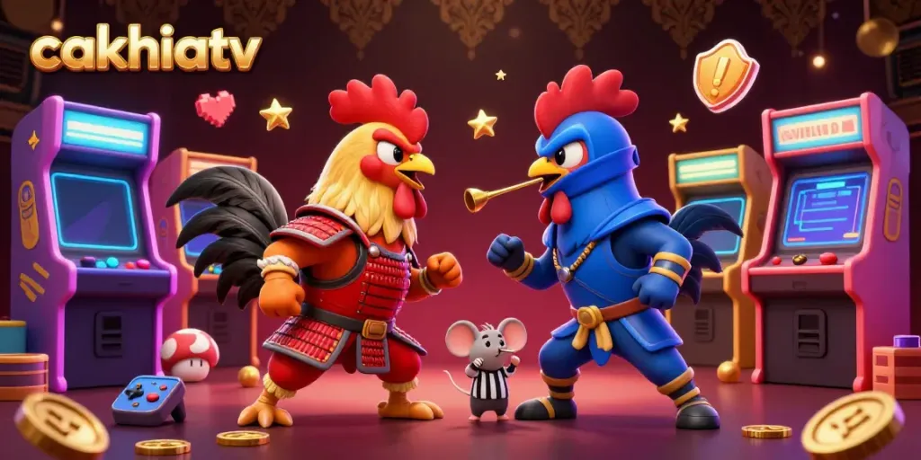 Experience thrilling action featuring cakhiatv's dynamic rooster duel in a vibrant gaming atmosphere.