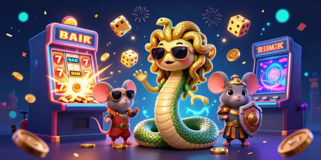 Experience the excitement of BM88 with a friendly Medusa and a warrior mouse amidst a dazzling jackpot scene.